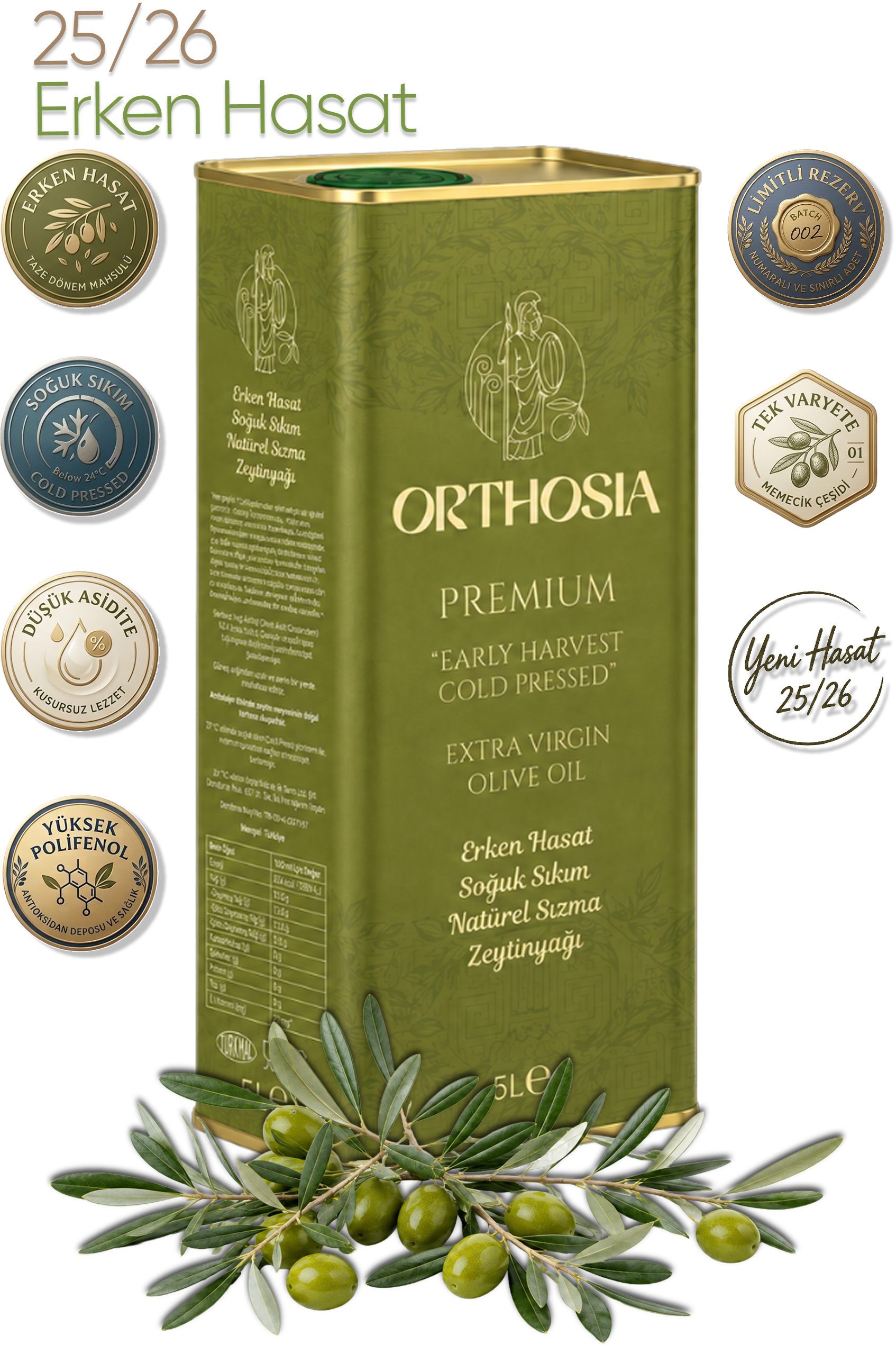Orthosia Premium Memecik 5 Lt Erken Hasat Soğuk Sıkım Natürel Sızma Zeytinyağı Yeni Hasat 25/26