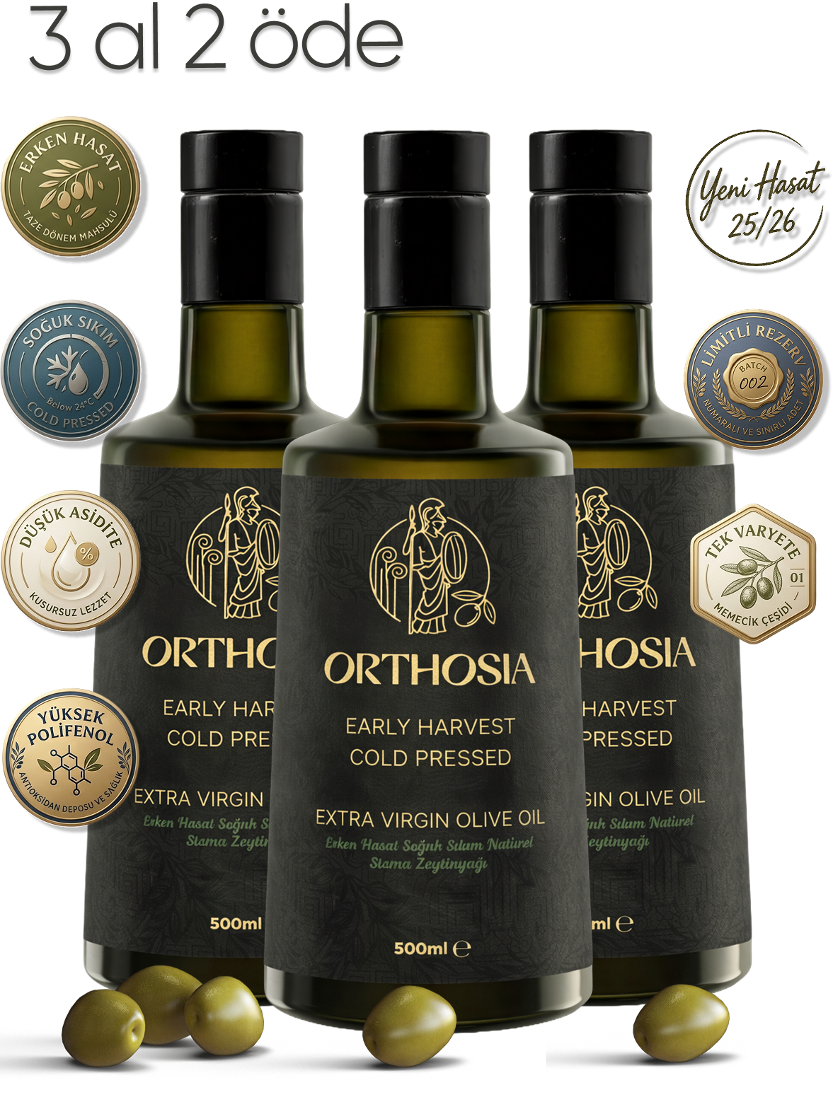 3'lü Orthosia Premium Memecik 500 ml Erken Hasat Soğuk Sıkım Natürel Sızma Zeytinyağı Yeni Hasat 25/26